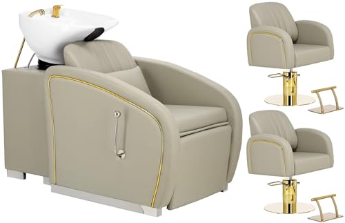 Calissimo Set Model Imperia bestehend aus einem Friseurwaschbecken mit einem Keramik Waschbecken inkl. Armaturen und Zwei hydraulischen Friseurstühlen mit Fußstützen bezogen mit Kunstleder