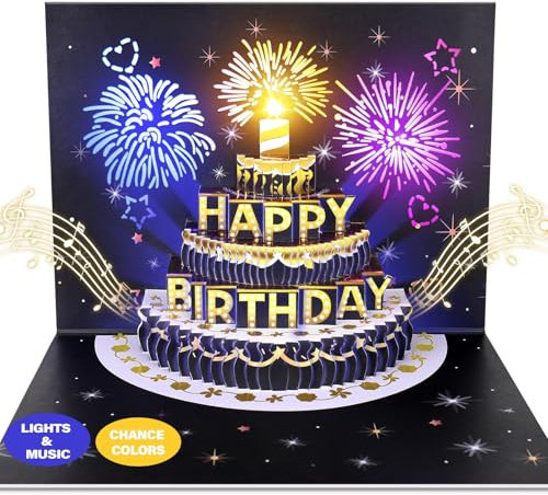 Birthday Cards, Pop-up MUSIC & LIGHTS Fireworks Birthday Greeting Cards, Birthday Gifts for Women Men Husband Wife Sister Friends Kids-Black Gold