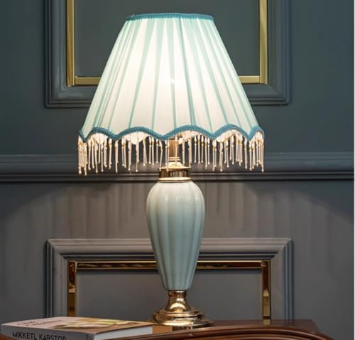 SXYSXYSXY Amerikanischer Stil Keramik Nachttischlampe Vintage Harz Tischleuchte Kunst-Design Minimalismus dekorative Schlafzimmer Tischlampe Stoffschirm E27 Wohnzimmer Hotel,Blau