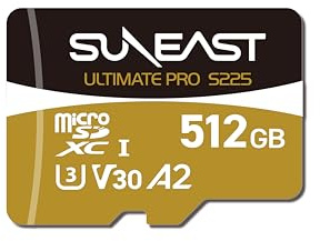 SUNEAST Scheda di memoria MicroSDXC UHS-I da 512 GB, V30 A2 U3 Classe 10 DDR 225 TF, velocità di lettura 208 MB/s per action camera 4K UHD, drone, dashcam, telecamera di sicurezza, smartphone e tablet