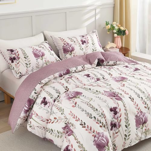 Stylishbed Purple Floral Duvet Cover Set Double Size Bedding Quilt Cover White and Purple Reversible 3Pcs Soft Microfiber Bedding Set with 2 Pillowcases(Double, 200x200cm)