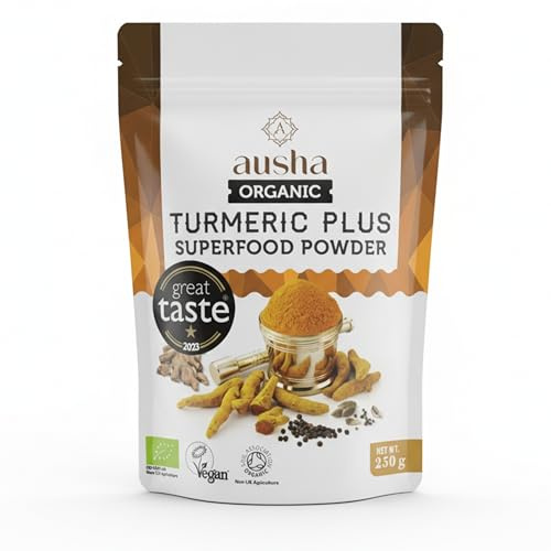 Ausha Organic Turmeric Powder with Black Pepper and Ginger, Cardamom 250g
