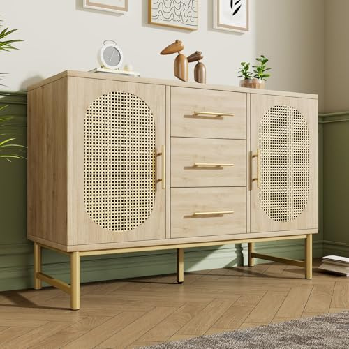KOMHTOM Commode avec 2 Portes et 3 Tiroirs Meuble de Rangement en Bois Armoire pour Adulte Chambre à Coucher, Cuisine, Bureau, Couloir, Chêne,120x40x74CM (F)