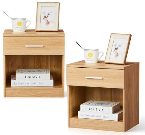 LEADZM Nachttisch 2er Set Nachtschrank Schlichter Beistelltisch | Kommode mit offenem Fach und 1 Schublade für Schlafzimmer, Wohnzimmer Farbe Eiche