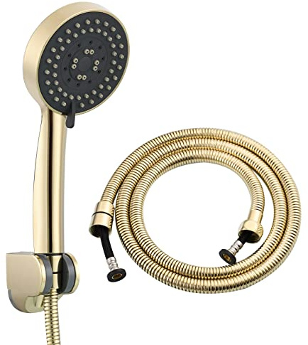 Tecmolog BS144F Set de douche en plastique 5 types de jet avec tuyau rond de 1,5 m et support, zirconium, doré