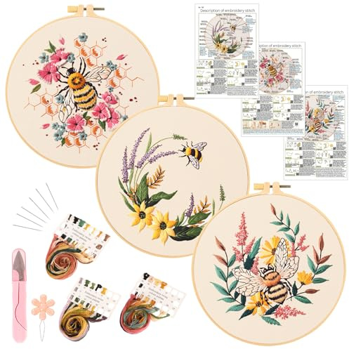 JSRQT 3 Piezas Kit Completo de Inicio Bordado, Kit de Punto Cruz Estampado para Principiantes Adultos con Diseño de Flor de Abeja, Juego de Bordado Hecho a Mano con Aro, Instrucciones, Aguja e Hilos