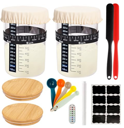 Confezione da 2 barattoli di pasta madre da 900 ml, kit di base in vetro con lievito madre da 34 once con fascia di alimentazione della data, termometro, copertura in tessuto e coperchio in metallo
