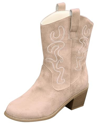 DFSDJEUW suede cowboy boots Cowboy Boots for Women Wide Calf Slip-on Waterproof Mid-Calf Cowgirl Boot Comfortable Chunky Heel Embroidered Western Wedding Shoes Retro Pointed Country Concert Beige 7