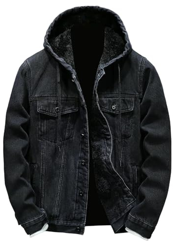 Giacca di jeans da uomo foderata in pile giacche di jeans con cappuccio a maniche lunghe button down cappotti invernali casual caldi capispalla vestiti, Giacca Denim Nero Uomo, L