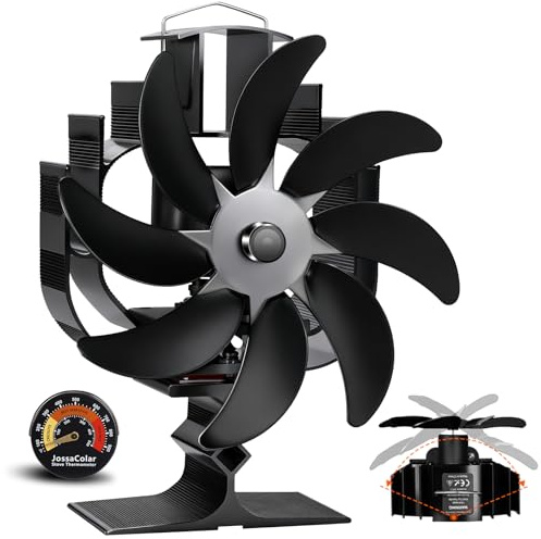 JossaColar Oszillierender Ofenventilator | Thermisch angetrieben mit hohem Luftvolumen | 8-flügeliger Kaminventilator mit Ofenthermometer