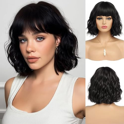 ZXTGBQ Perruque Noir Courte Ondulée avec Frange pour Femme Perruque Bob avec Franges Nuturelle Courte Cheveux Synthétiques pour la fête Quotidienne Cosplay Portez