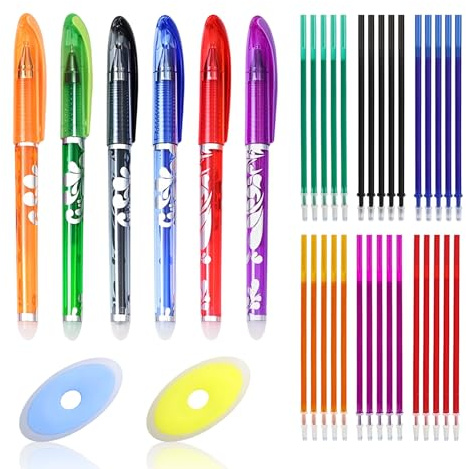38 Pièces Stylos Effaçables - 6 Stylos Gel Effaçables 0.5mm avec 30 Recharges et 2 Gommes -stylo effacable avec recharge Stylo Friction stylo effacable couleur pour Fournitures Scolaires et Bureau
