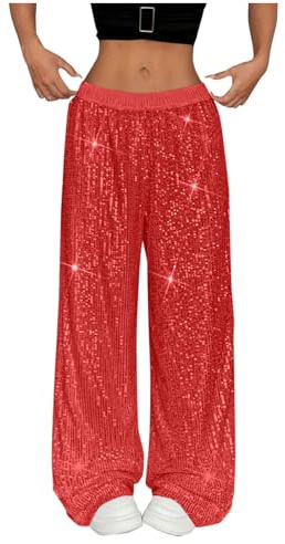 XBNEGBA Glitzer Hose Damen Pailettenhose Weites Bein Hose High Waist Glitzerhosen Elegant Lang Freizeithose Frauen Party Festival Club Hosen Glänzende 70er 80er Mottoparty Disco Outfit für Club-Party