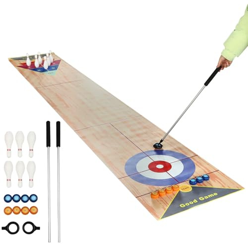 Gioco di curling 3 in 1, giochi da tavolo con 8 shuffleboard + 6 bottiglie da bowling + curling station wagon + 2 putter tappetino pieghevole curling tavolo curling per bambini e adulti
