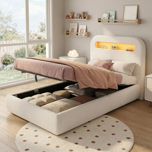 Merax Kinder Bett Polsterbett 90x200 cm Kinderbett mit hydraulischem Stauraum, LED Beleuchtung mit App-Steuerung, Einzelbett mit Lattenrost & Massivholzbeinen, gepolstertes Kopfteil, Weiß Bouclé