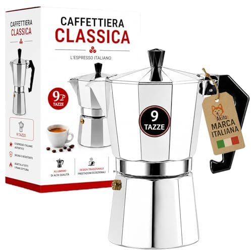 AKITAInk Caffettiera Moka con Valvola di Sicurezza, Macchina per Caffè Tradizionale, 9 Tazze, Pratica e Resistente
