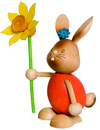 Kuhnert Drechslerei Osterdekoration/Osterhase „Stupsi Hase mit Blume“ 11 cm hoch, aus feinstem Holz, für EIN Bezauberndes Osterfest oder eine dauerhafte Dekoration, Holzkunst Made in Germany