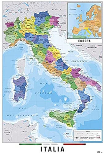 Grupo Erik Cartina Geografica Italia - Cartina Italia da Muro Grande 61 x 91,5 cm | Poster Da Parete Mappa Gigante (Include Mini Mappa dell'Europa)