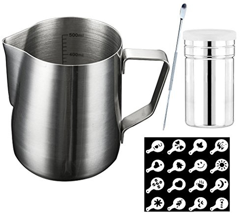 SIPLIV coffee art tool kit 20 oz (600 ml) jarras de café espresso de acero inoxidable jarra de espuma, bolígrafo de arte de café, coctelera de cacao en polvo, 16 plantillas de café