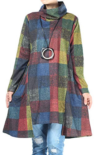 FTCayanz Femme Robe Tunique à Carreaux Manches Longues Robe Midi Plaid Ample Casual Long Tops Bleu L
