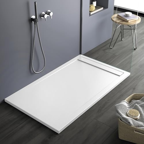 Piatto doccia bianco, in mineralmarmo, con effetto pietra ardesia, serie Paris, slim 3 cm, rivestito di Gelcoat, antiscivolo (80x180)