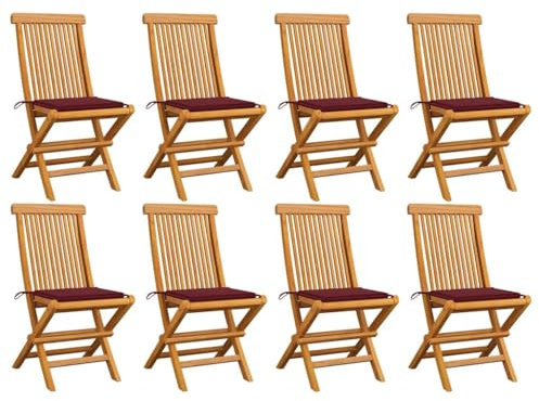 vidaXL 8X Teak Massiv Gartenstuhl mit Weinroten Kissen Klappbar Holzstuhl Stuhl Stühle Klappstuhl Gartenstühle Terrasse Balkon Gartenmöbel