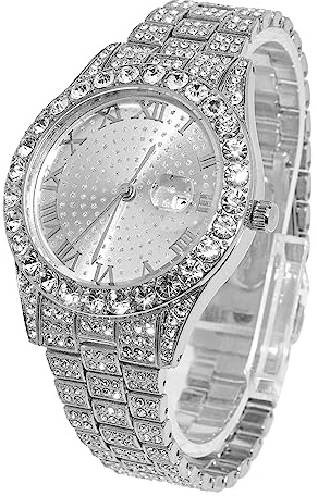 Halukakah Rundes Zifferblatt Diamant Golduhr Iced Out, Männer 18k Echtgold/Platin Weißgold Plattiert Quarz Armband 24cm, mit Kubanische-Kette Halskette Armband-Set Optionen, mit Geschenkbox