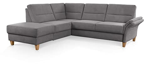 CAVADORE Eckcouch Wyk mit Federkern / Ecksofa im Landhaus-Stil mit Ottomane und Holzfüßen / 238 x 90 x 213 / Jacquard, Grau