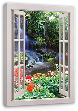 WallArena Leinwand Bilder 80x60 cm | Fensterbilck Fenster Natur Wald, Leinwandbilder, Bild auf leinwand, Format: 80x60 cm (BxH) - einteilig auf Canvas