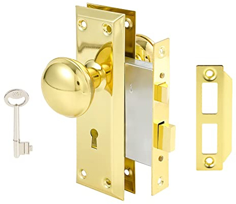 Toptotoo Mortise Lock Set for Interior Door, Vintage Antique Gold Door Knobs with Lock and Skeleton Key, Old Door Knob Replacement Fits 1-3/8 in 1-3/4 in, Polished Brass Finish