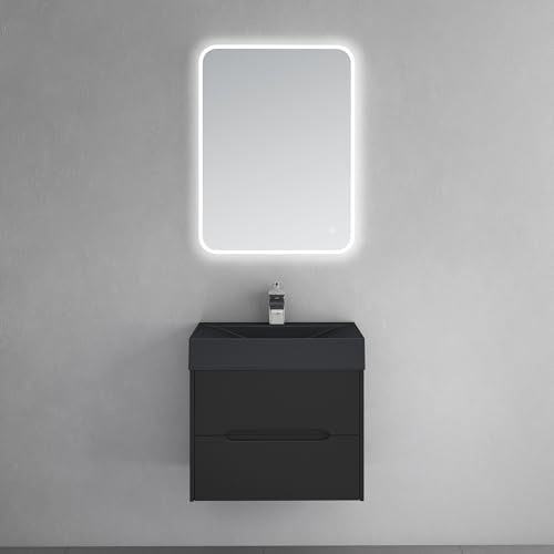 doporro Unterschrank mit Waschbecken matt schwarz 60cm LED-Spiegel | Wandhängendes Badmöbel-Set mit Mineralguss-Waschbecken, LED-Spiegel & Soft-Close – pflegeleicht für moderne Bäder Yoga