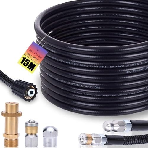 XIIW Tuyau Déboucheur Canalisation 15m 240bar Compatible avec Kärcher K2-K7 | avec M22 Adaptateur, Buses Rotatives et Fixes, Tuyaux pour nettoyeurs haute pression, Kit Furet Pro Deboucheur Canalisation