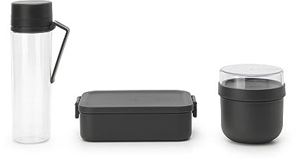 Brabantia - Make & Take Breakfast & Lunch Set - Set of 3: Water Bottle 0.5L, Breakfast Bowl 0.5L & Lunch Box Medium (1.1L) - BPA-Free - Leakproof - Dishwasher Safe - Dark Grey