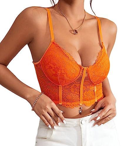 Rongseng Crop Top Damer Sexig Spets Magfri Camilos Spagettiremmar V-Ringad Spetstopp Bralettes Undertoppar Sommar Cami Linne, Apelsin, S