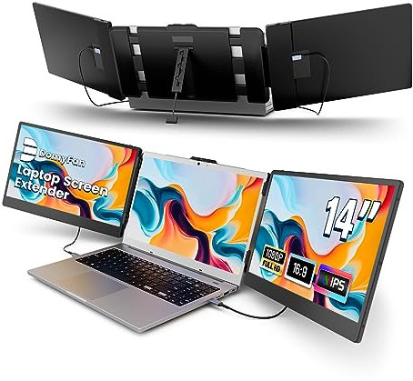 domyfan 14 Laptop Screen Extender, FHD 1080P IPS Triple Portable Monitor for Laptop, HDMI/USB-A/Type-C Plug and Play for Windows, Mac, Android, Chrome,PS5, Work with 13.3-17 Laptops