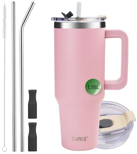 SUNTQ 1180ml/40oz Tumbler mit Griff, Doppelwandige Vakuum Isolierte Wasserflasche mit Stroh und Deckel, Edelstahl Reise Kaffeebecher, Thermische Tasse für Getränke, Fit in Becherhalter(Rosa)