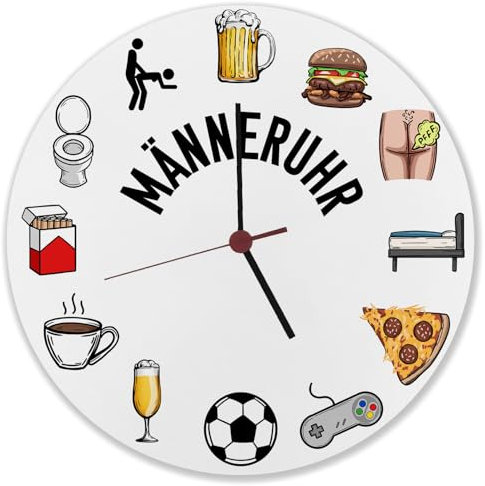 Männeruhr Wanduhr lustige Uhr für Männer mit Männeraktivitäten wie Rauchen, Sex, Bier, Fußball und vielen weiteren Klischees