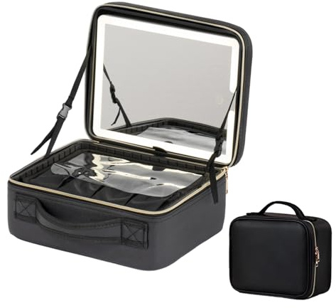 Valigetta Trucchi Con Specchio, Valigetta Porta Trucchi Con LED, Beauty Case Da Viaggio, Portatrucchi Organizzatore, Con Divisori Regolabili, Astuccio Da Viaggio Per Donna, Nero (Color : Noir)