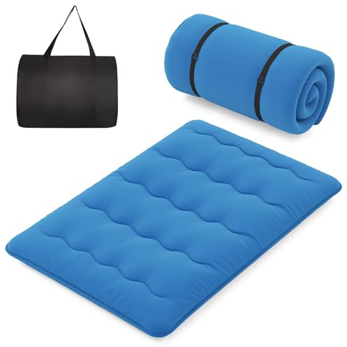 COSTWAY Japanische Futon Matratze, Tatami-Matte, Bodenmatratze, Klappmatratze mit waschbarem Bezug, Faltbare Schlafmatte mit Tragetasche (Blau, 140 x 200 cm)