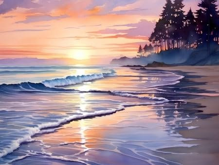 Holz-Bild 40 x 30 cm: Wunderschöner Sonnenuntergang am Strand, Aquarellmalerei als Hintergrund. (209719345)