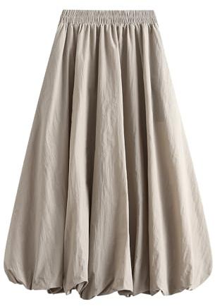 Owegvia Falda larga de globo para mujer, elegante, cintura alta, monocromática, línea A, casual, faldas fluidas, chica de coco, estética, caqui, Talla única