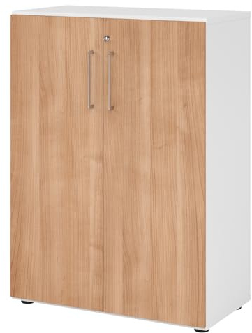 bümö Aktenschrank abschließbar, Büroschrank Holz 80cm breit in Weiß/Nussbaum - abschließbarer Schrank mit Aktenregal für's Büro & Arbeitszimmer, Büro Möbel Ordnerschrank mit Schloss