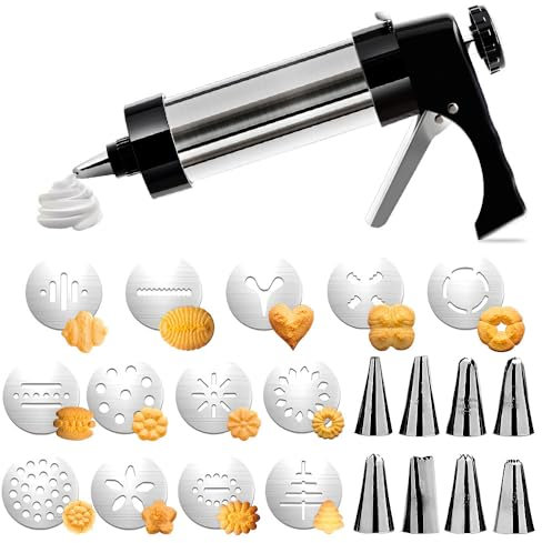 KBIBCK Presse à pâtisserie, seringue à garniture, presse à biscuits, presse à pâtisserie & seringue à garniture inox, seringue à pâte inox avec 13 pochoirs et 7 douilles, presse à biscuits, seringue à