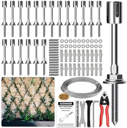 Acemaker Drahtspalier für Kletterpflanzen im Freien, 20 Sets Wanddraht, Rankgitter mit 2 mm x 29,9 m Edelstahlkabel und Schneider, T316 Spaliersystem für Zaun und Garten, DIY-Projekte