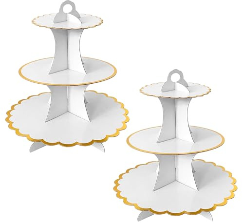 FORYNXHWIN 2 soportes para tartas de cartón de 3 niveles para té de la tarde, torre redonda para cupcakes y postres para cumpleaños, boda, día de la madre, baby shower (blanco)