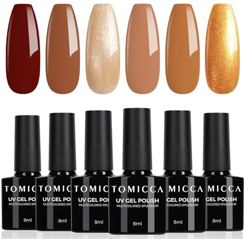 TOMICCA UV Nagellack Set 6 Farben Braun Glitter Gel Nagellack 8ml | Herbstfarben Natur Gellack Soak-Off UV LED Manicure Gel Lacquer Varnish für Nagelstudio DIY Home