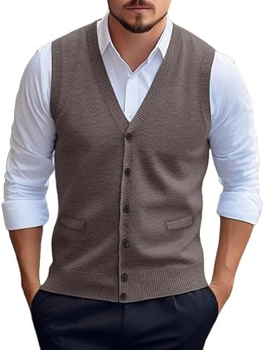 Ärmelloser Herrenpullover, Herren Pullover Strickweste Dicker Wollmischpullover Ärmellose Strickjacke mit Knöpfen V-Ausschnitt Weste Business Pullover Strickwaren Herbst Winter Wollweste Hellbraun L
