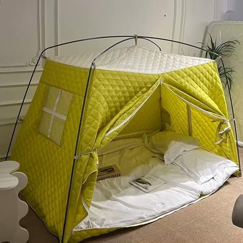 Bed Tent Indoor-Zelt für Erwachsene und Kinder, Tragbares Warmes Bettdach aus Baumwolle, Rahmenvorhänge, Viel Platz Auf Dem Bett, Leichte Kabine mit Sichtschutz, Atmungsaktives Häuschen(Yellow,1.2m(3.