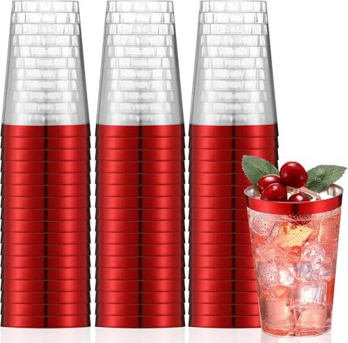 LATERN 50 Piezas Vasos de Plástico con Borde de Rojos, 360ml Plasticos Vasos de Bebida Reutilizables Copas de Vino Elegantes para Fiestas para Champán Cerveza Cóctel Martini Soda (10,5 x 7,5cm)