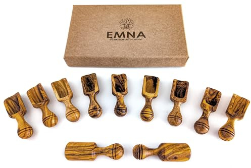 EMNA - 11 mini cucharas de madera de olivo, cuchara dosificadora, extra pequeña aprox. 6 cm, elegante caja de regalo, pala para especias, regalo para el día de la madre, idea para los amantes de la